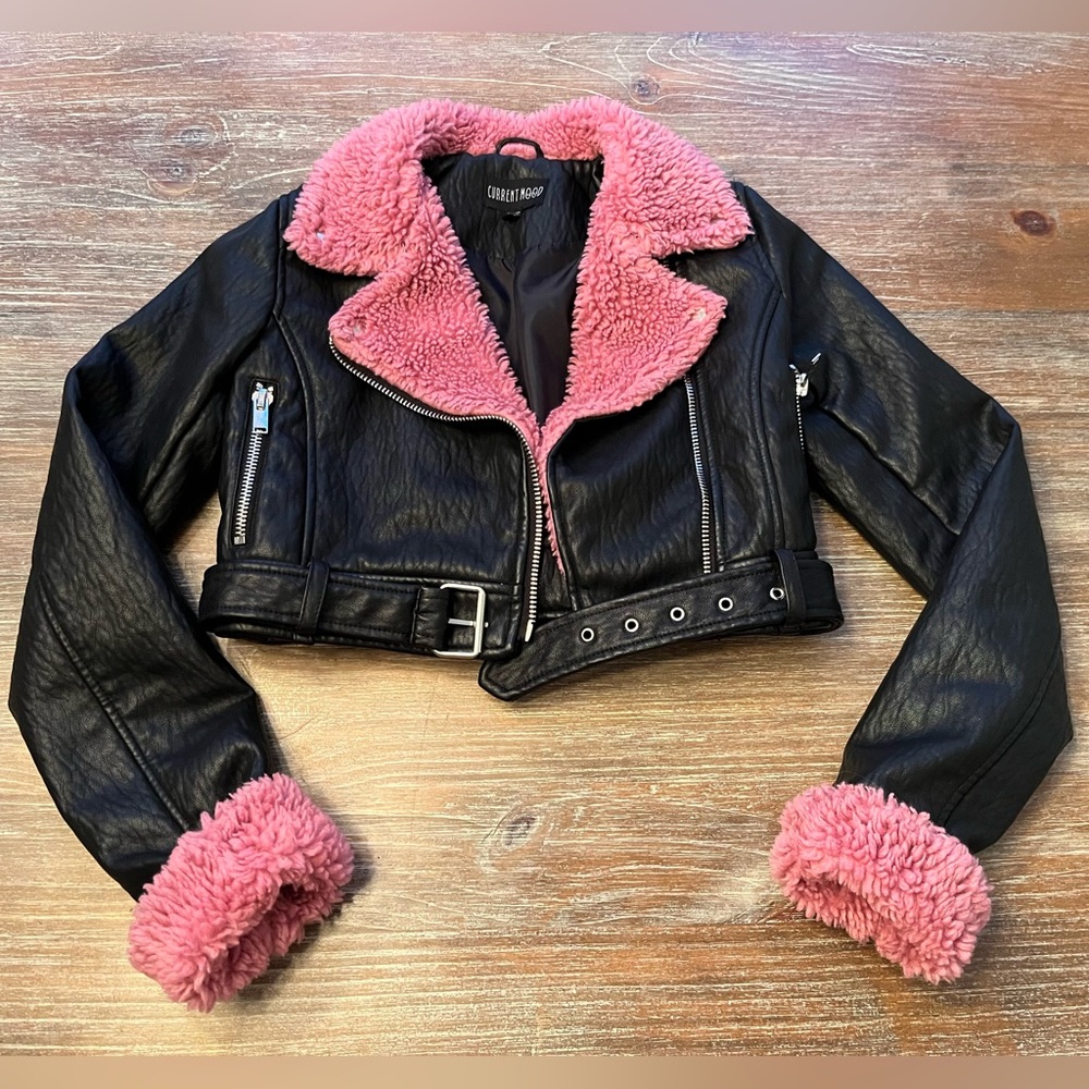 NWOT CURRENT MOOD BLACK BORGE MOTO FAUX LEATHER JACKET W. PINK FAUX FUR, XXS - Picture 1 of 7